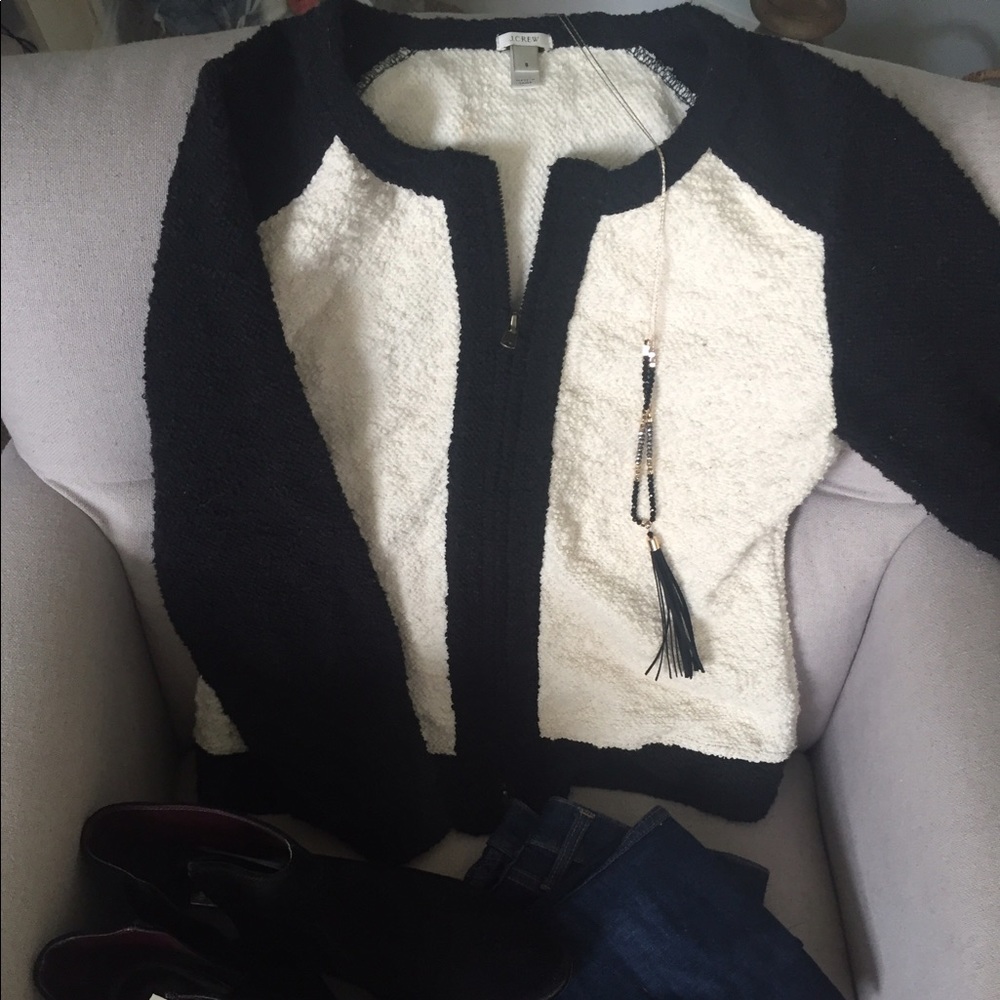 J Crew black/cream bouclé sweater jacket