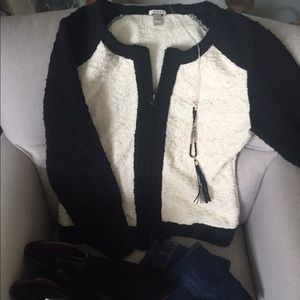 J Crew black/cream bouclé sweater jacket