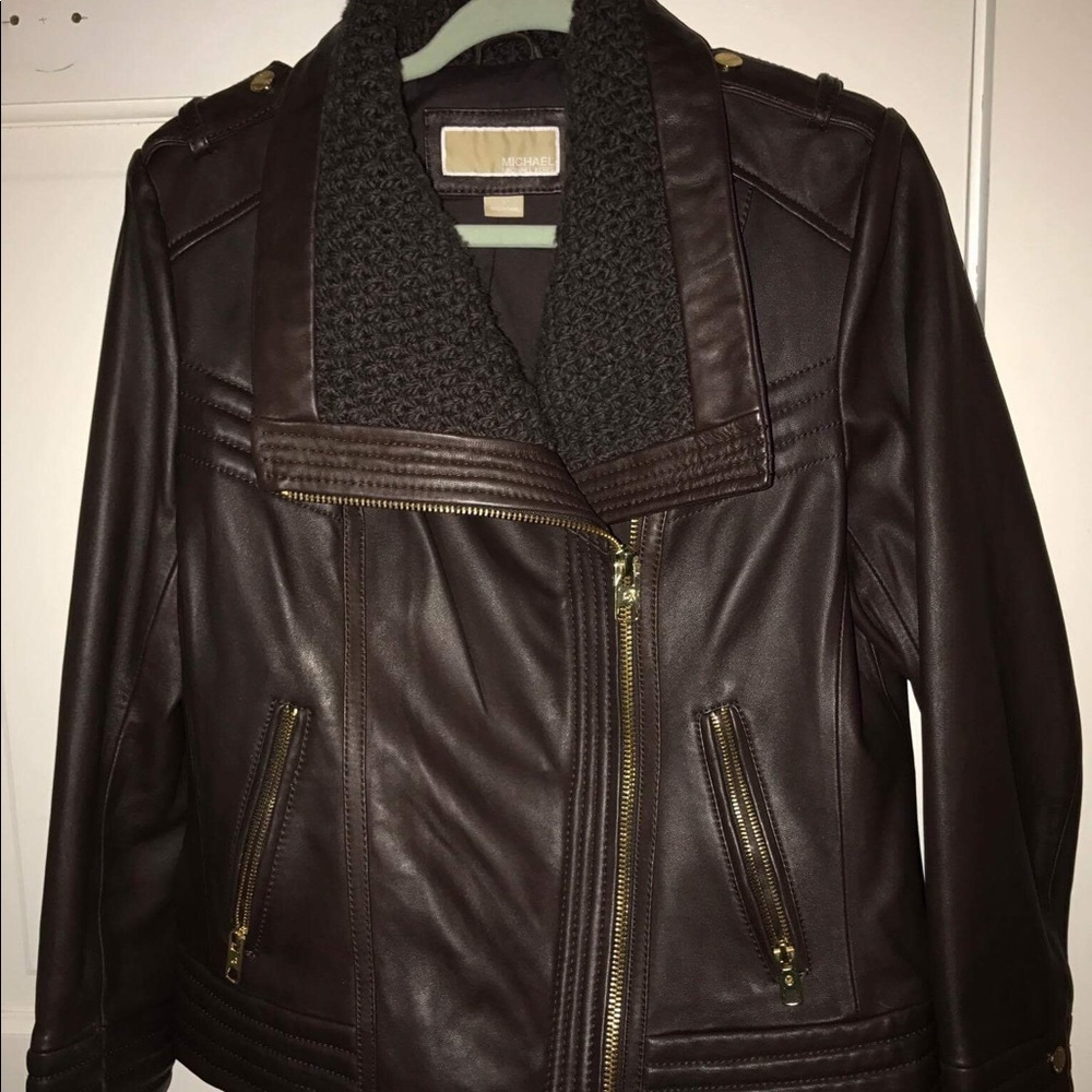 Michael Kors knit collar moto leather jacket