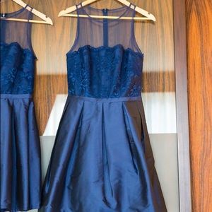 Monique Lhuillier navy taffeta dress with lace