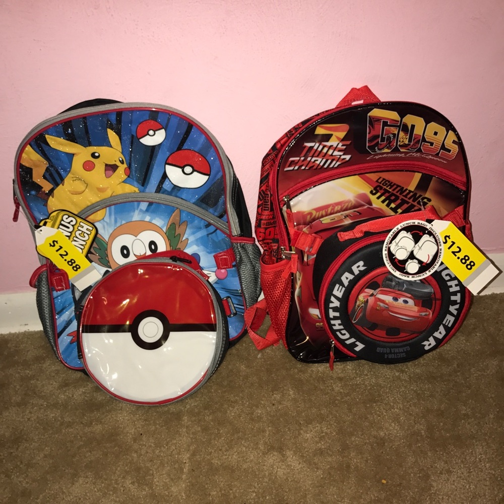 Pokémon & Cars Backpacks w/lunchbox. NWT.