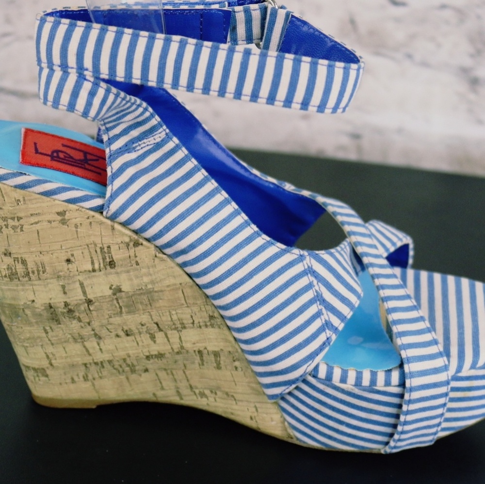 FRH Strappy  Navy Blue White Pinstripe Cork Wedges