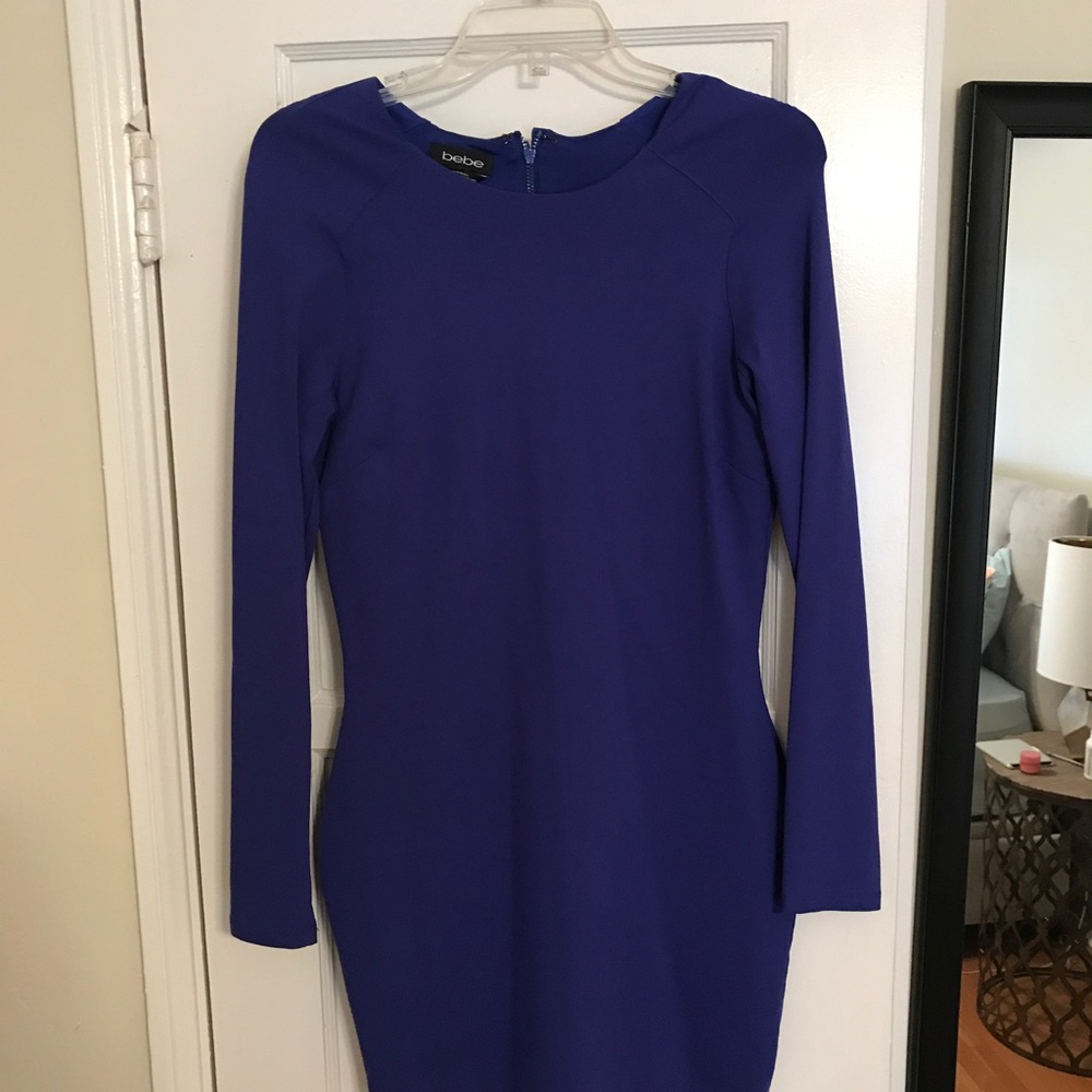 Long sleeve royal blue bodycon dress, size M, Bebe