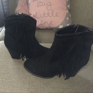 Black fringe booties