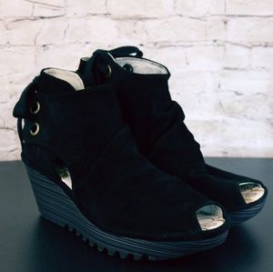 Fly London Yama Black Oil Suede Open Toe Wedges