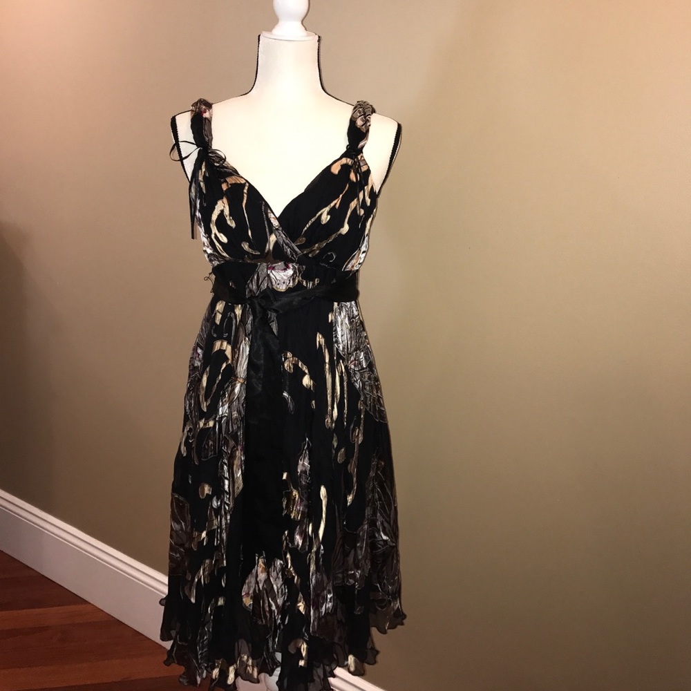 Lipsy silk butterfly metallic black v back dress