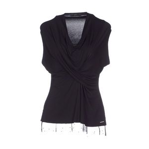 Black faux wrap top with mesh detail