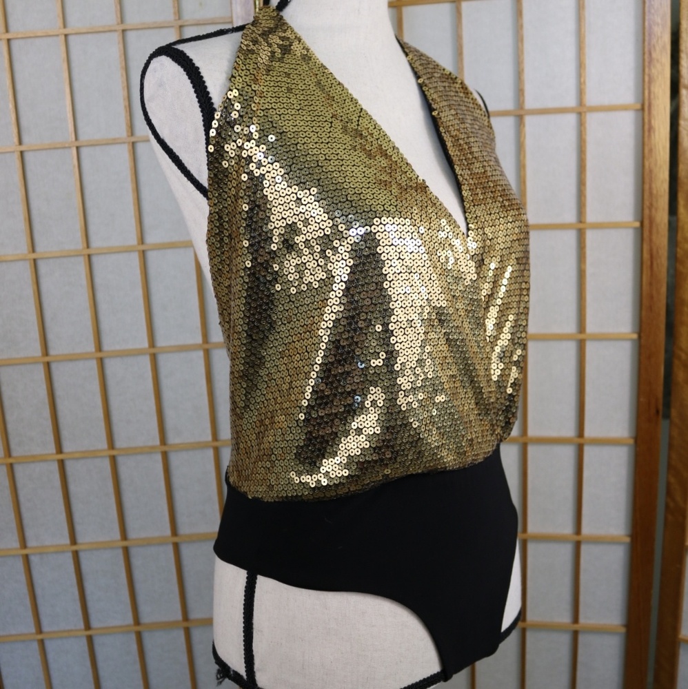 Shimmy  Black Gold Sequin Open Back Bodysuit