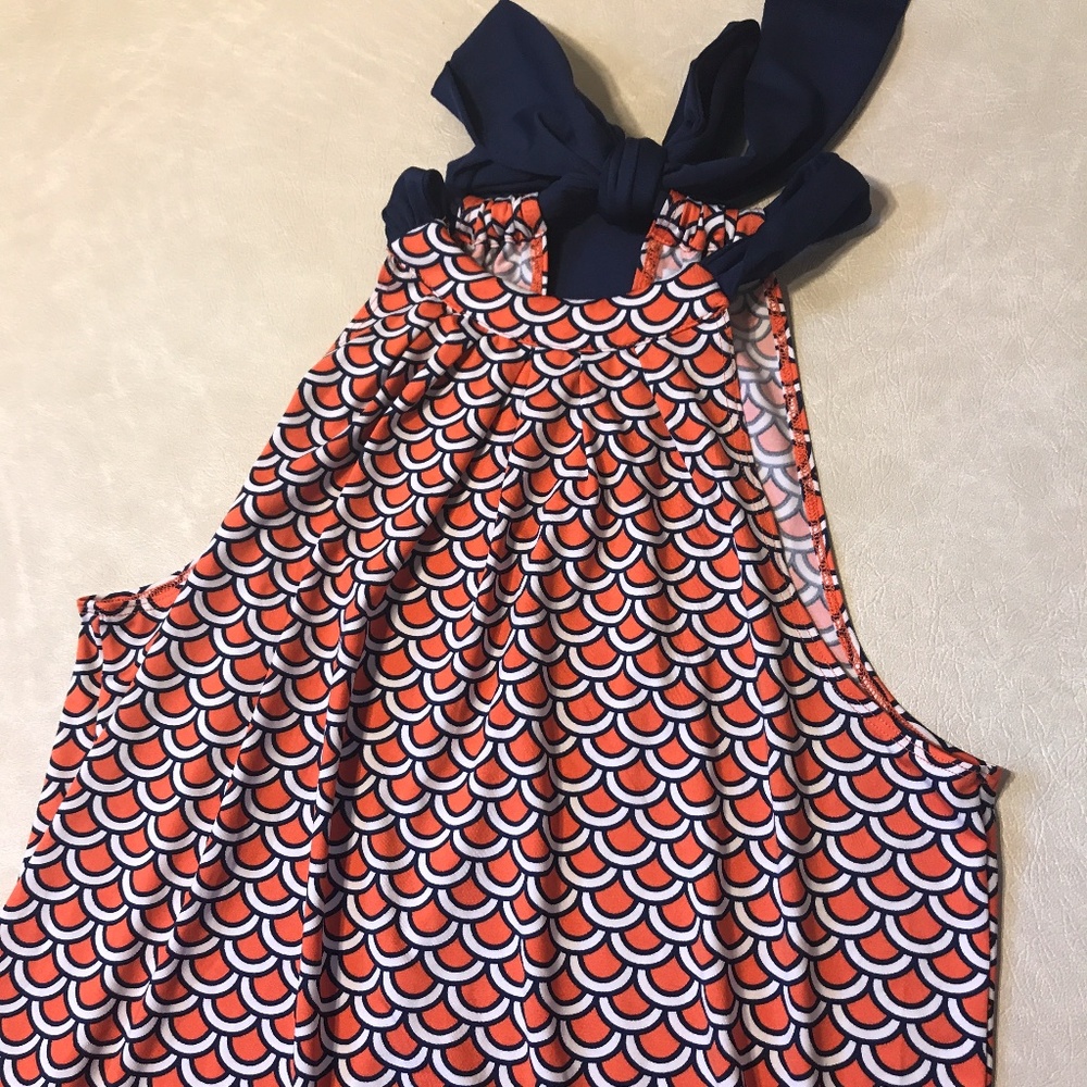 sheath dress with bow - orange and navy pattern