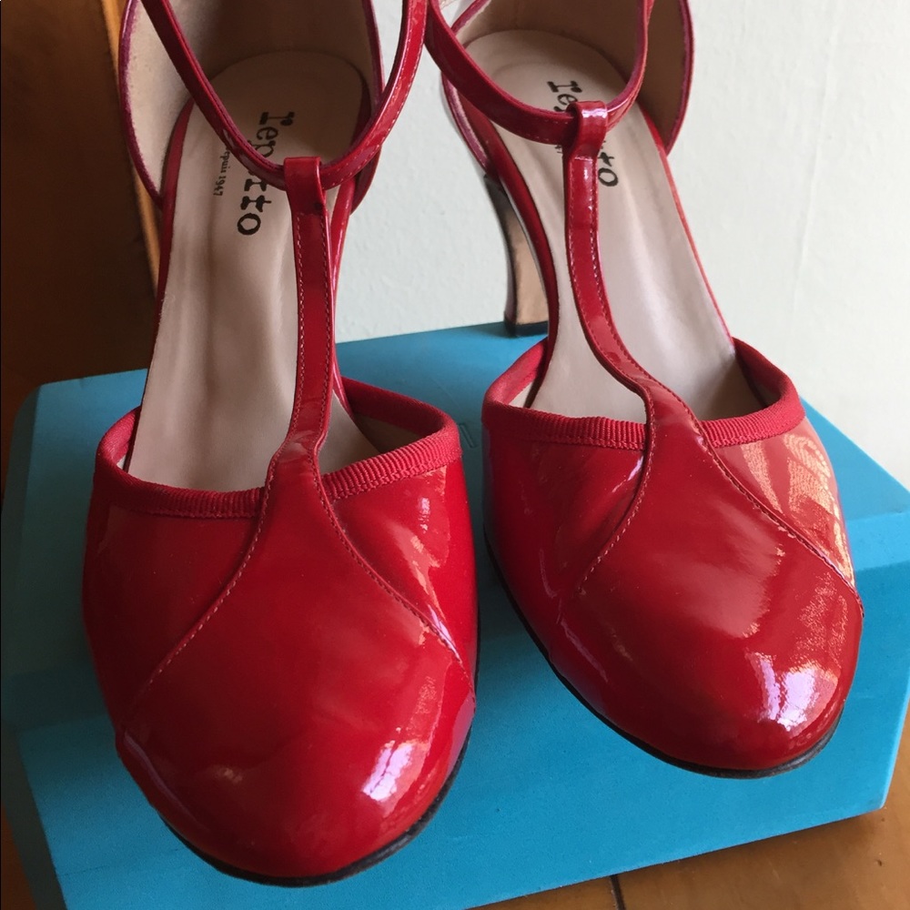 Repetto red patent T-strap heels