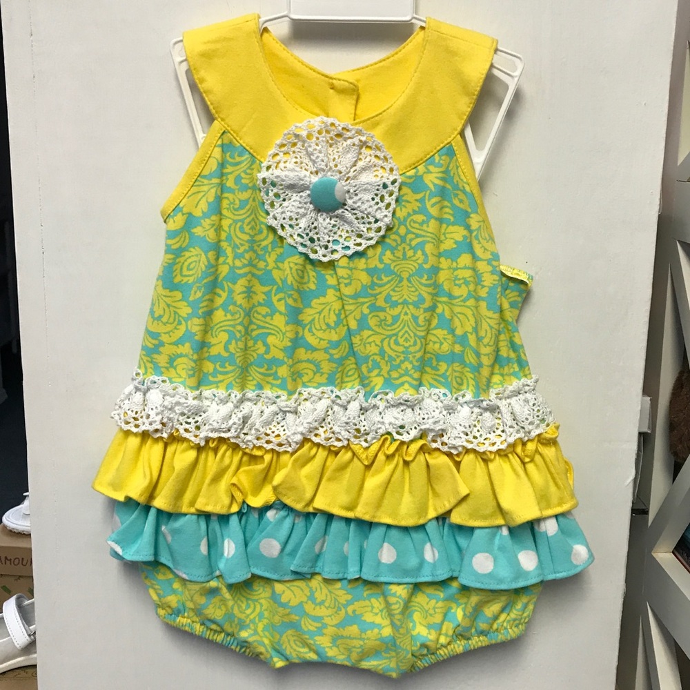 One piece yellow and green ruffle outfit
