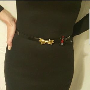 Black Classic Thin Belt with Gold Bow