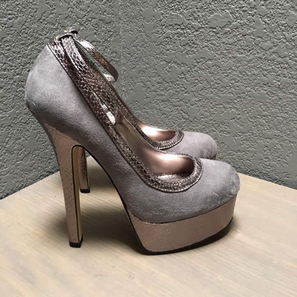 Gray Faux Suede Platform Heels