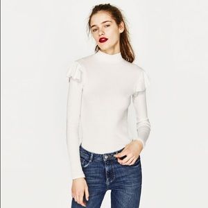 Zara White Ruffle Long Sleeve Top XS