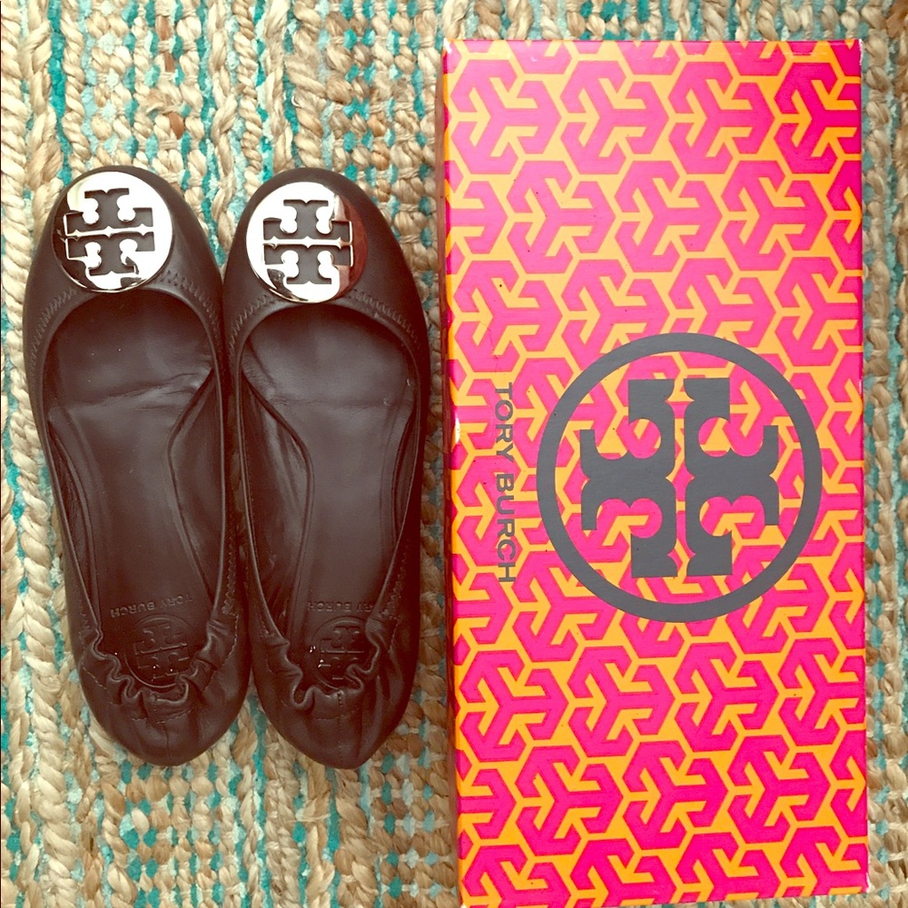 Tory Burch dark brown Reva flats.