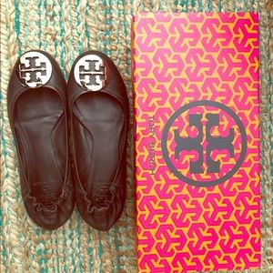 Tory Burch dark brown Reva flats.