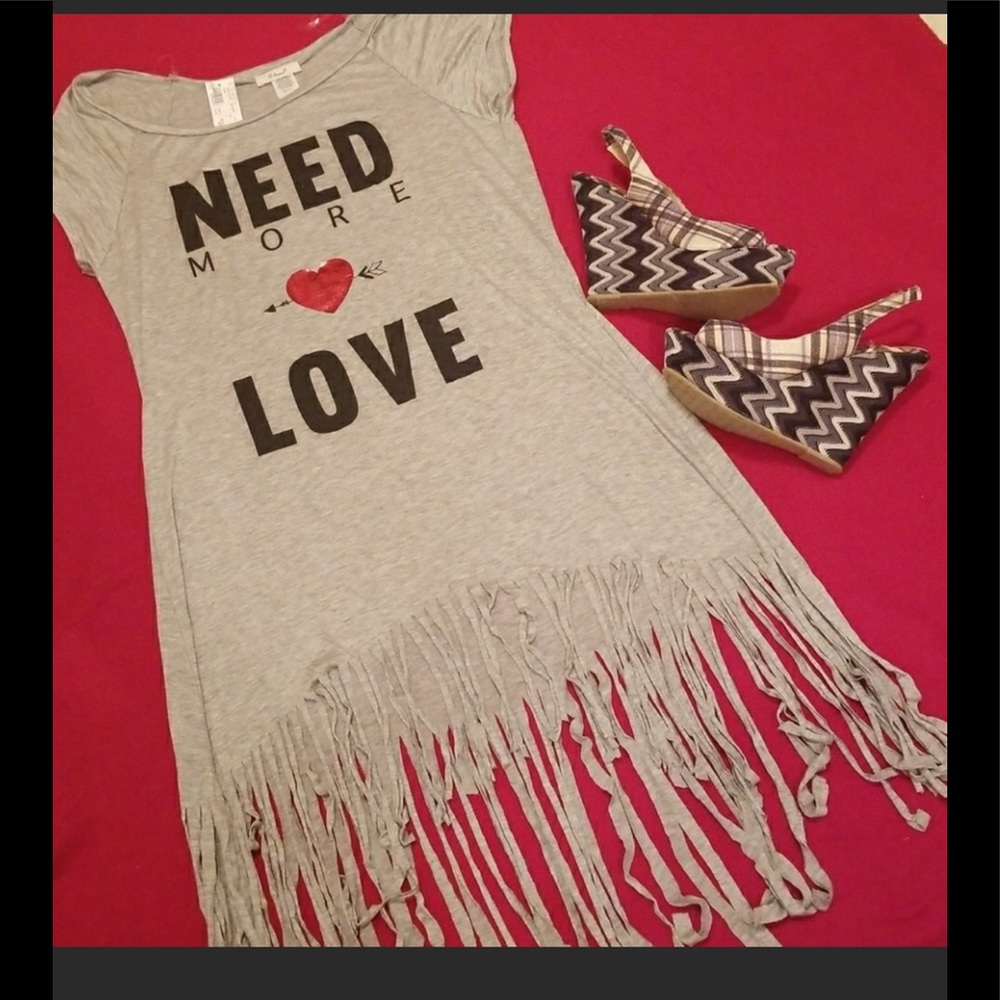 NWT, Need More Love gray fringe hem dress