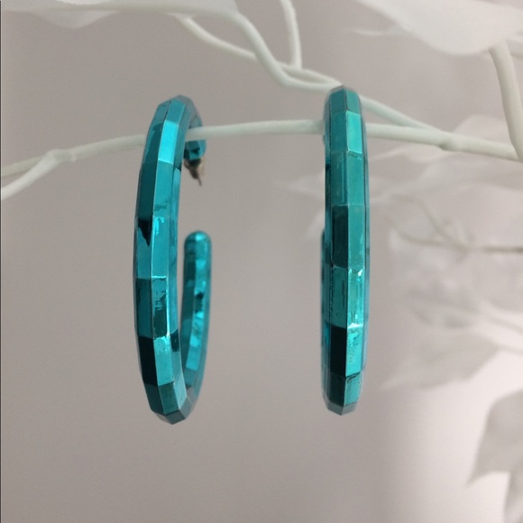 Aqua Retro Metallic Hoop Earrings - Picture 2 of 5