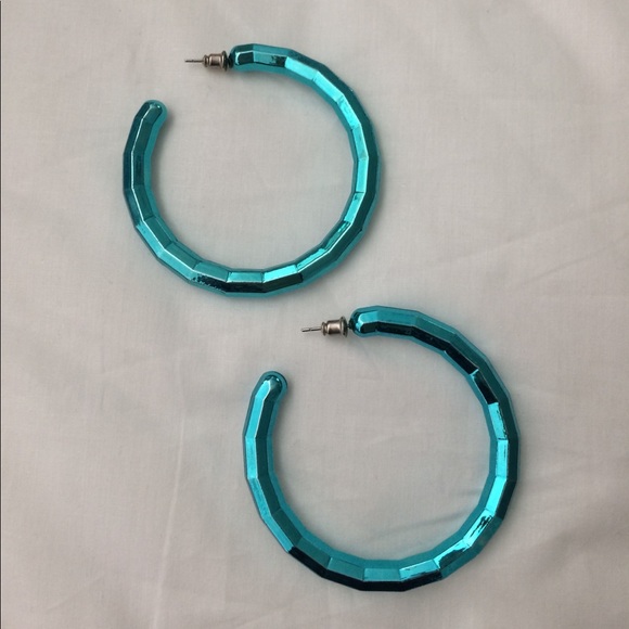 Aqua Retro Metallic Hoop Earrings - Picture 3 of 5