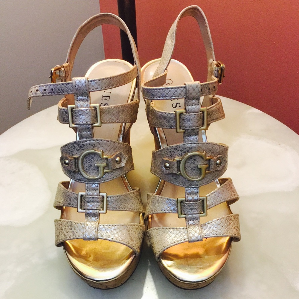 Guess Wedge Platform Slip on Sandals Silver/Cork