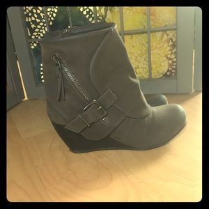 Gray, faux suede wedge booties