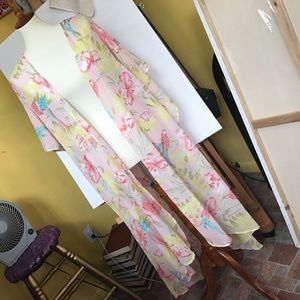Pastel Tropical leaf and Parrot Kimono