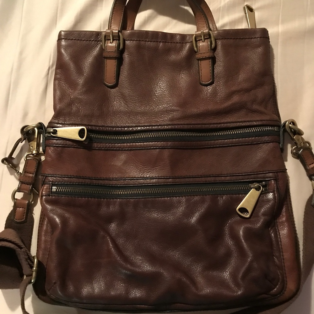 Large Brown Leather Fossil Crossbody/Foldover bag