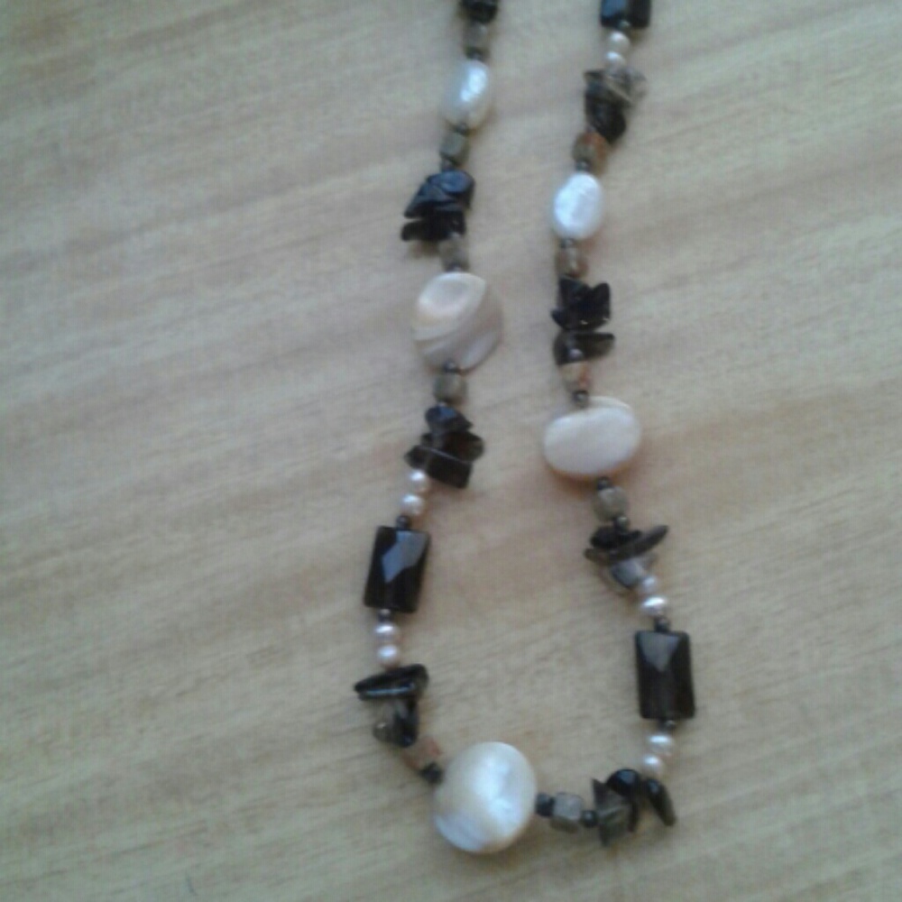 Vintage real pearls,M.O.P., and brown quartz stones necklace