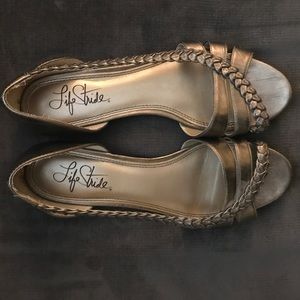 Life Stride Braided Metallic Peep Toe Flats
