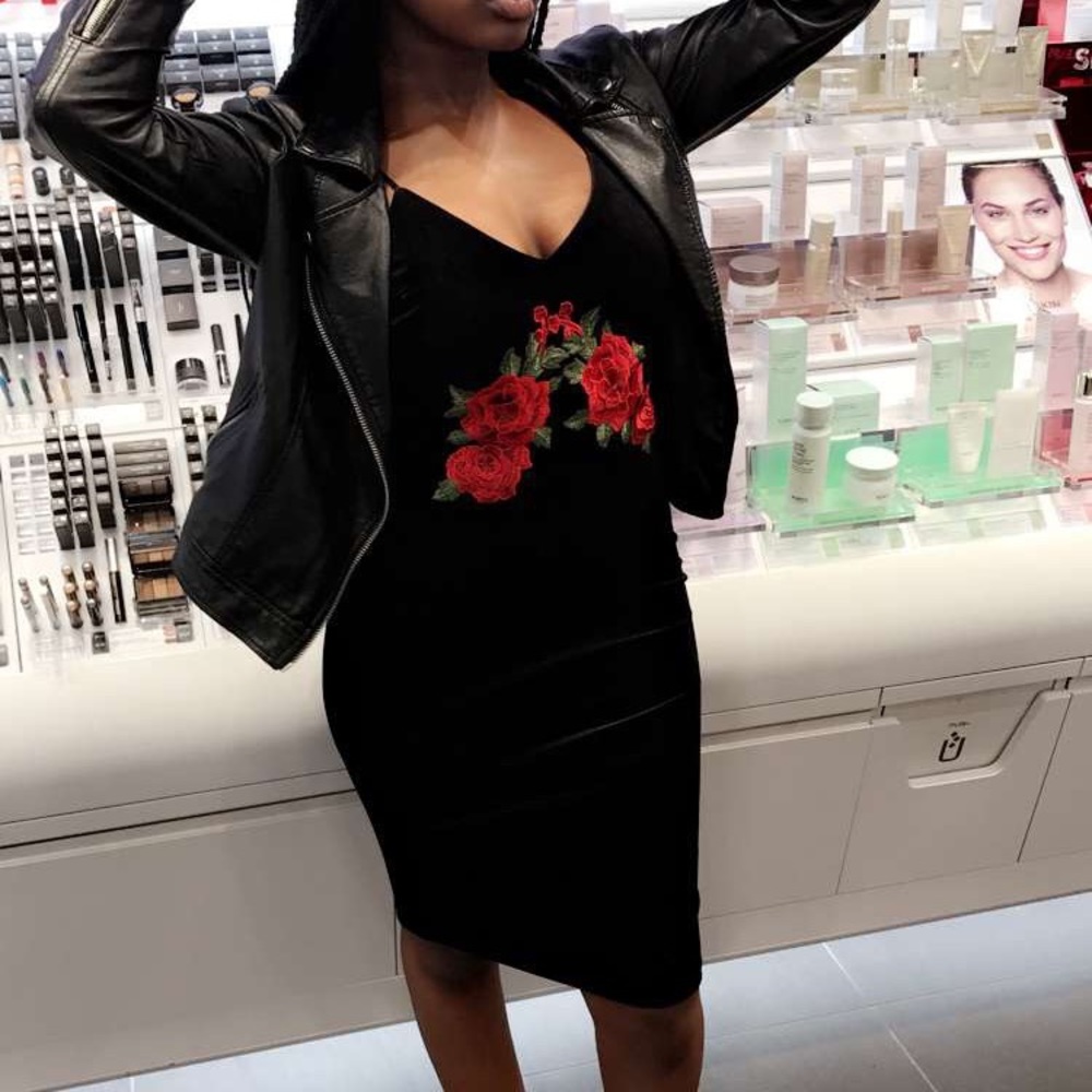 Black velvet dress with embroidered roses
