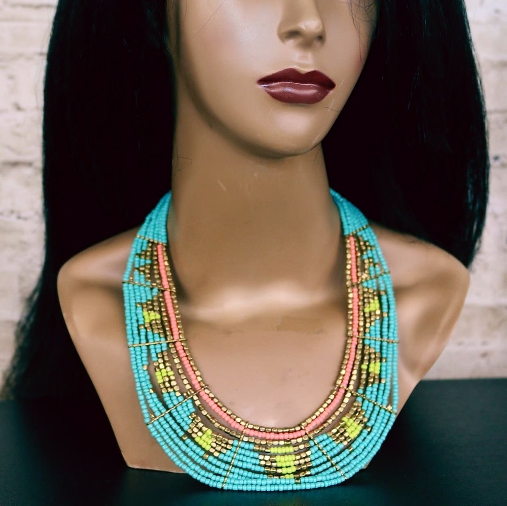 Fun Bright Turquoise Boho Tribal  Collar Necklace