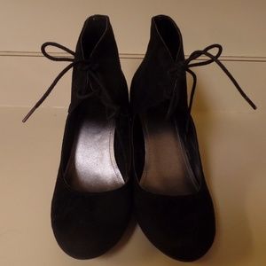 SUPER CUTE GIRL MIA LACE UP WEDGE SHOES BLACK SUED