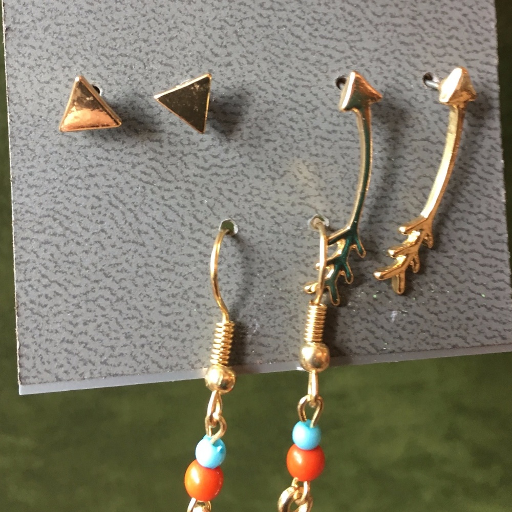 Express Gold Earring Trio - 2 Studs & 1 Hanging - Picture 2 of 3