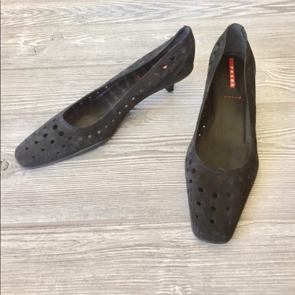 PRADA RARE cutout black suede kitten heel shoes.
