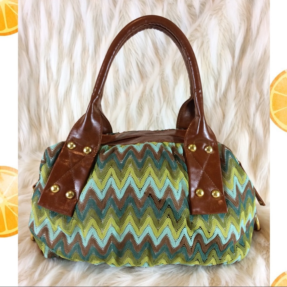 Areden B Green Brown Gold Retro ZigZag Pattern Purse Handbag 60s 1960s 70s 1970s