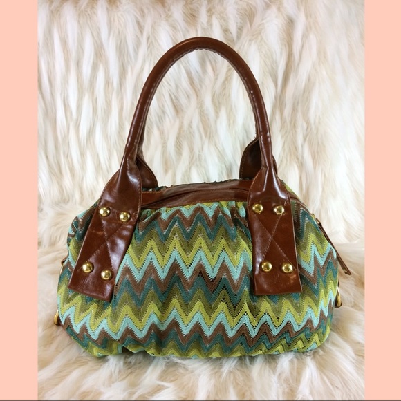 Areden B Green Brown Gold Retro ZigZag Pattern Purse Handbag 60s 1960s 70s 1970s - Picture 2 of 6
