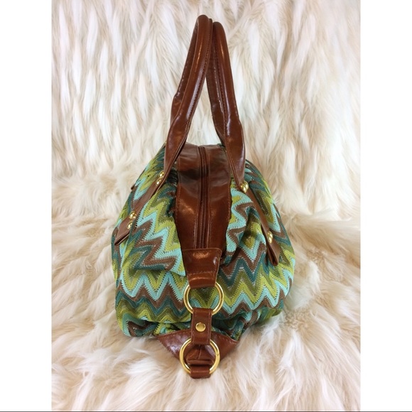 Areden B Green Brown Gold Retro ZigZag Pattern Purse Handbag 60s 1960s 70s 1970s - Picture 3 of 6
