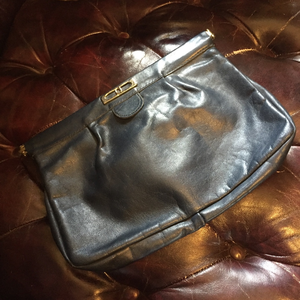 Vintage Navy Leather Clutch, Mod, Chic