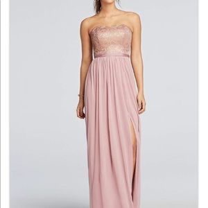 Metallic Lace and Mesh Long Strapless Dress