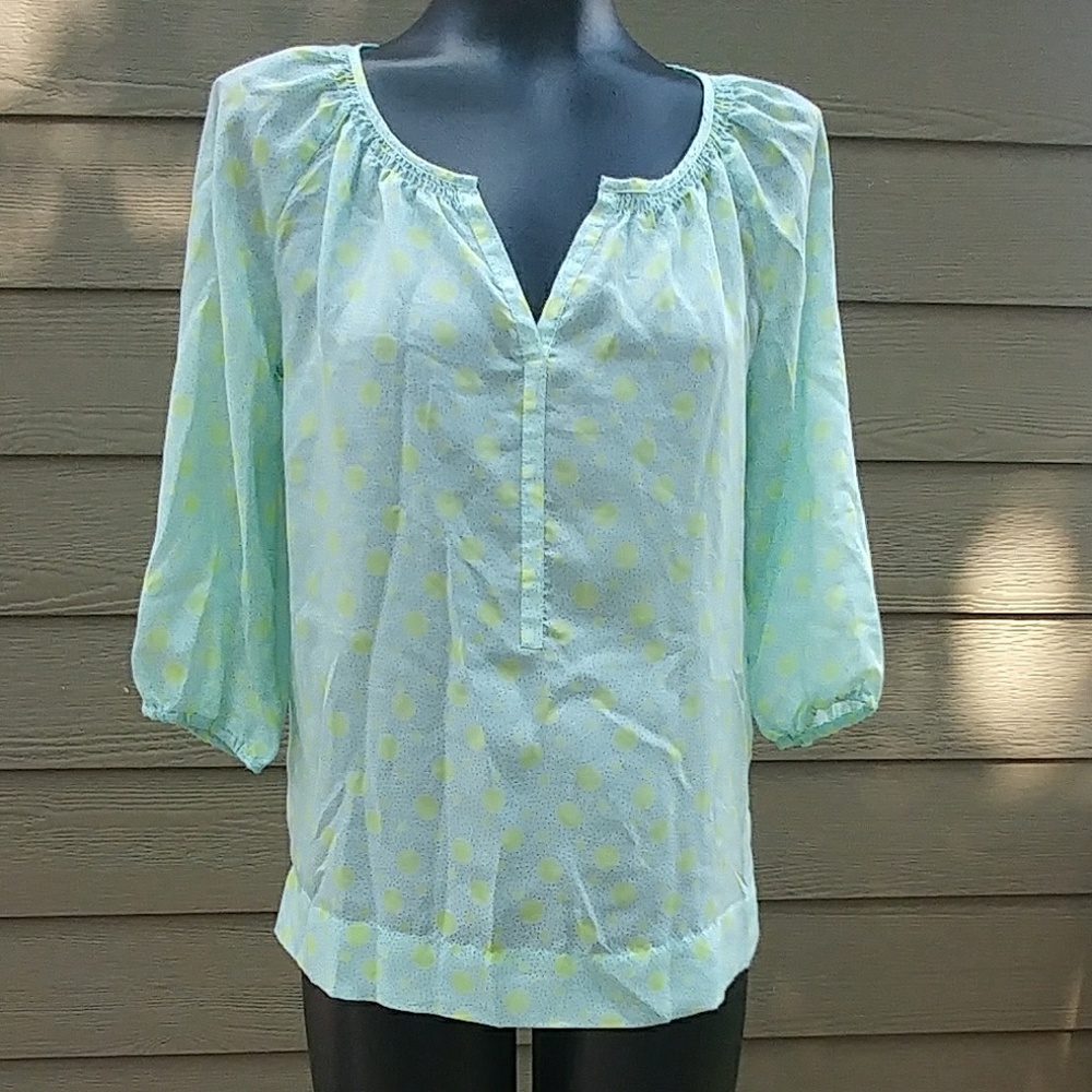 Ann Taylor loft top mp aqua with yellow dots