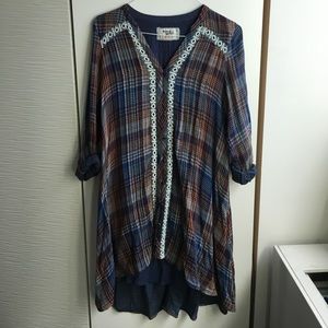 Plaid embroidered swing shirt dress
