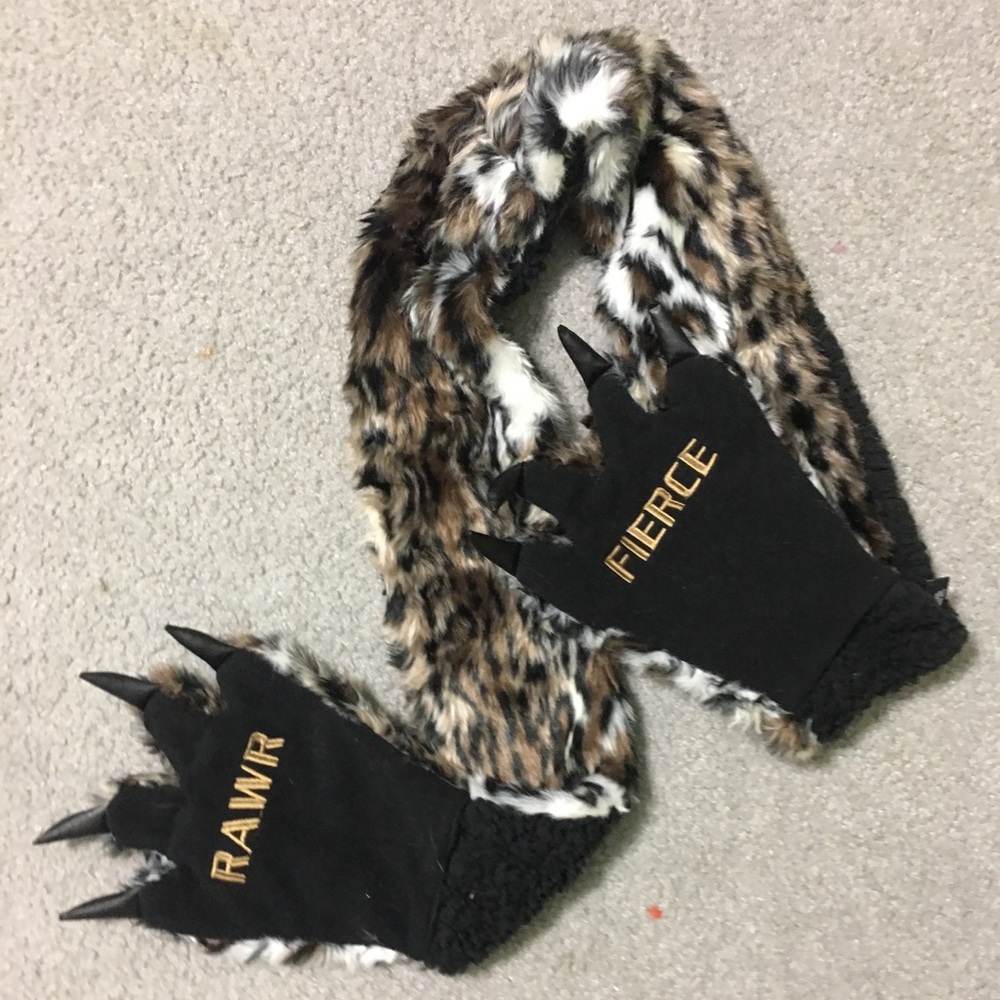 Faux Fur Leopard Scarf with Paw Mittens