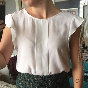 White Crepe Blouse Flutter Sleeves XS