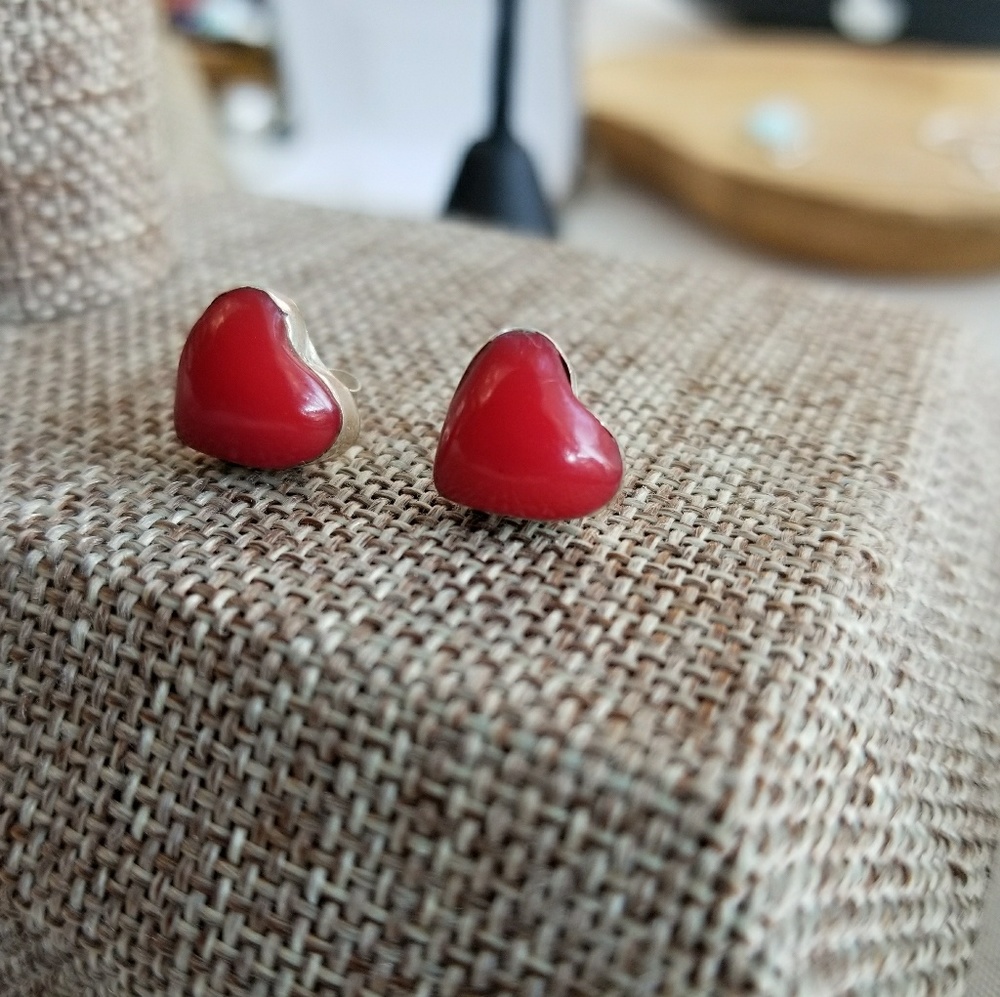 Red Coral Heart Earrings Studs