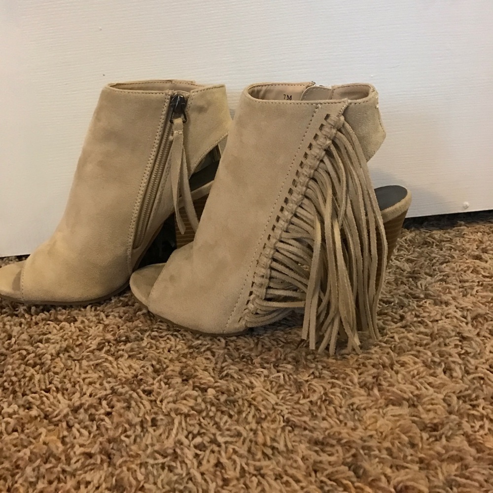 Tan suede fringe bootie