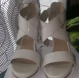 Aldo off white patent leather wedge sandal