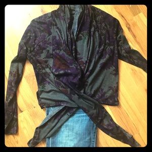 Wrap Cardigan, grey with purple floral accents