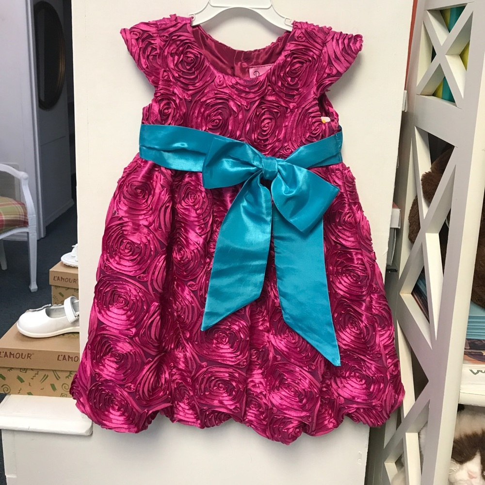 Pink rose part dress with blue sash