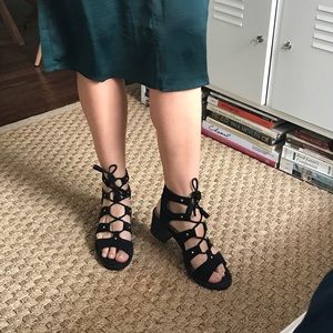 Lace Up suede like blocked heeled sandals