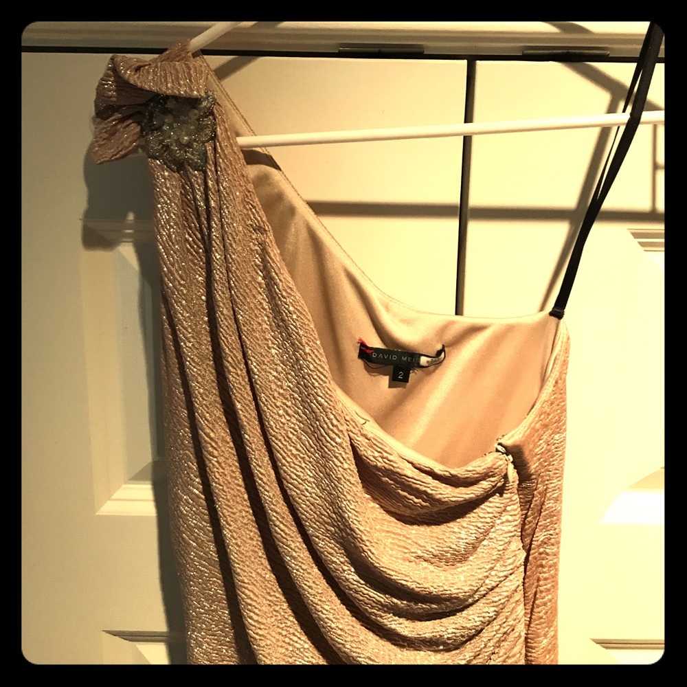 David Meister metallic gold one shoulder gown